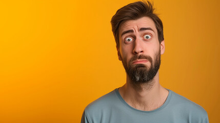Fototapeta premium European Man Exuding Regret and Remorse, Isolated on Solid Background - Copy Space Provided