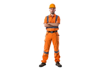Smart young engineer building or constructor worker with safety uniform, vest and safety hat isolated on transparent background, planning project.