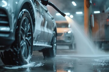 A car being washed using a high pressure hose. Suitable for automotive, car wash, and cleaning concepts