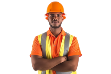 Smart young engineer building or constructor worker with safety uniform, vest and safety hat isolated on transparent background, planning project.