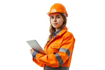 Smart young engineer building or constructor worker with safety uniform, vest and safety hat isolated on transparent background, planning project.