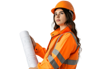 Smart young engineer building or constructor worker with safety uniform, vest and safety hat isolated on transparent background, planning project.