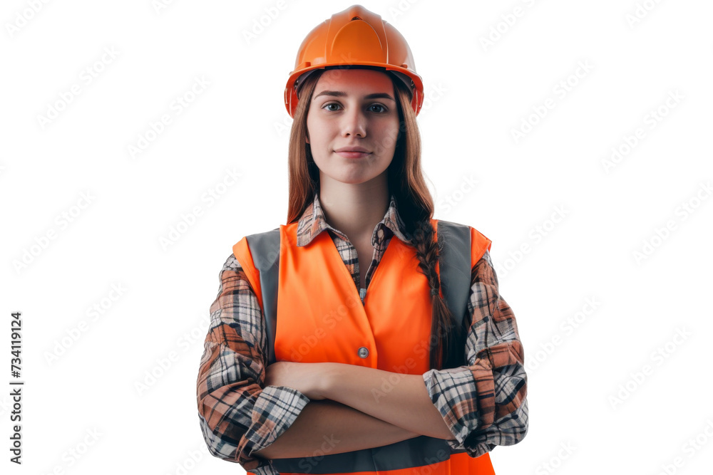 Wall mural Smart young engineer building or constructor worker with safety uniform, vest and safety hat isolated on transparent background, planning project.