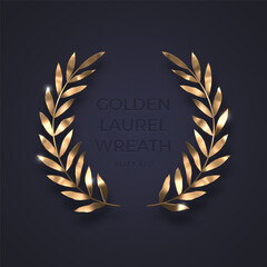 Golden laurel wreath.Realistic gold metal olive branches. Winner award and achievement heraldry symbol. Vector illustration.