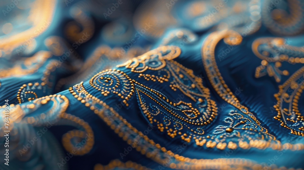 Poster a detailed close up of a blue and gold paisley fabric. perfect for adding a touch of elegance and so