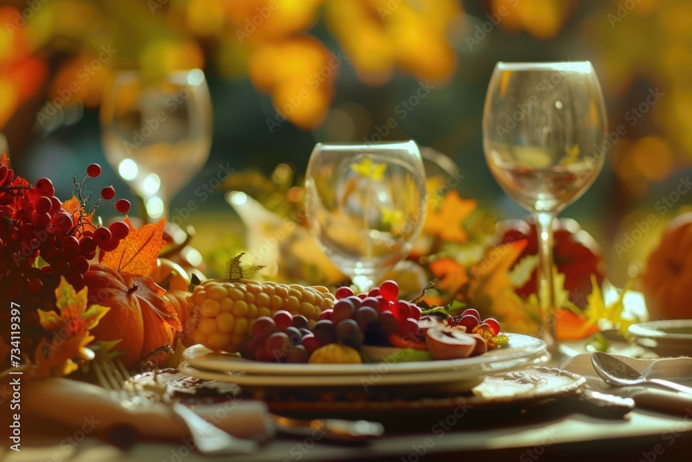 Poster a table set with a plate of fresh fruit and wine glasses. perfect for food and beverage-related proj