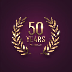 Anniversary golden logo with realistic 3d golden laurel wreath. Vector illustration.