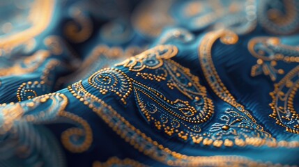 A detailed close up of a blue and gold paisley fabric. Perfect for adding a touch of elegance and sophistication to any design project