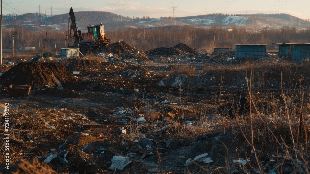 Poster a pile of trash sitting on top of a field. suitable for environmental and waste management concepts