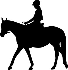 race horse with jockey. PNG Black isolated silhouette on transparent background. Equestrian competition logo.