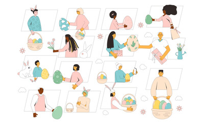 Easter event. People with eggs, bunny ears celebration spring holiday together online. Friends and family take part on Easter egg hunt party. Vector flat illustration isolated on white background