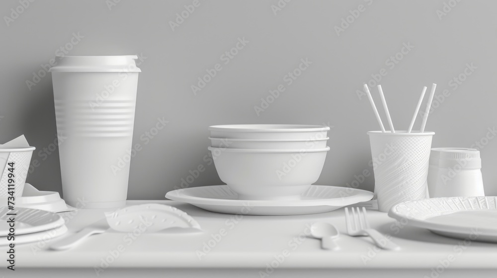 Aufkleber A picture showcasing a table adorned with white plates and cups. Perfect for adding a touch of elegance to any dining setting