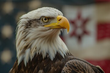 Obraz premium A close-up view of a majestic bald eagle with the American flag in the background. Perfect for patriotic themes and national pride