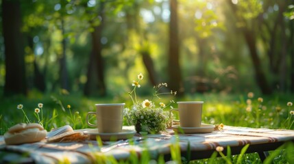 Two cups of coffee sitting on a blanket in the grass. Perfect for outdoor picnics and coffee lovers