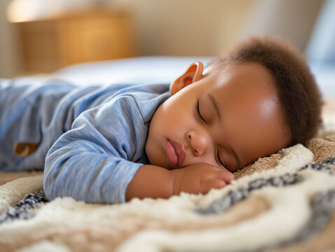 A charming scene captured in this captivating photo shows a peaceful baby boy sleeping on his side indoors