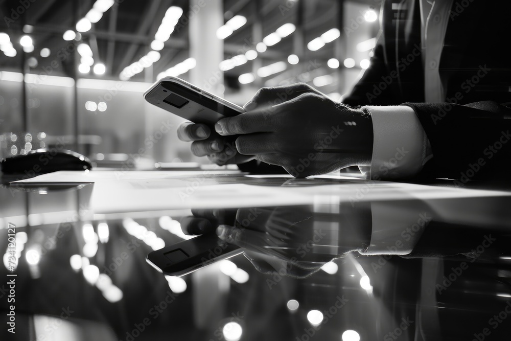 Aufkleber A man sitting at a table using a cell phone. This image can be used to illustrate technology, communication, or work-related concepts