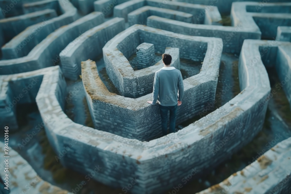 Poster A man standing in the middle of a maze. Suitable for illustrating concepts such as problem-solving, decision-making, and finding one's way