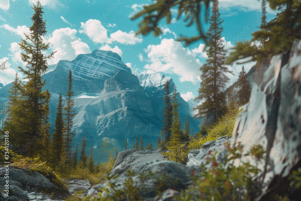 Poster a picturesque view of a mountain with trees and rocks in the foreground. perfect for nature enthusia