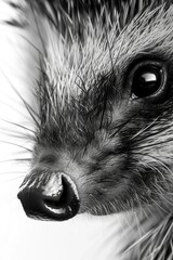 A black and white photo capturing the image of a hedgehog. Suitable for various uses