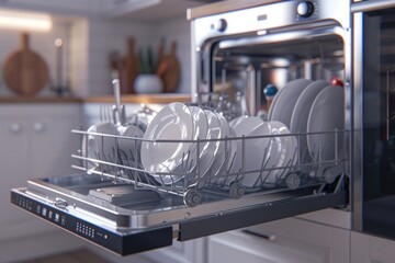 A dishwasher filled with dishes in a kitchen. Suitable for household and kitchen-related themes - obrazy, fototapety, plakaty