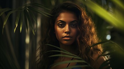 A beautiful tanned girl with natural make-up and wet hair stands in the jungle among exotic plants - obrazy, fototapety, plakaty