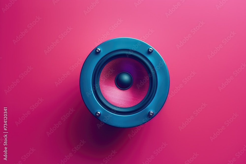 Poster A close-up view of a speaker placed on a vibrant red surface. Ideal for use in music-related projects or advertisements