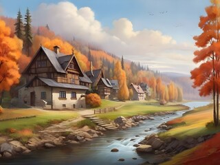 Autumn landscape, houses in the forest by the river.
