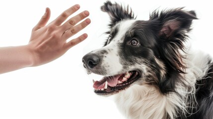 Fototapeta premium A person is seen petting a black and white dog. This image can be used to depict the bond between humans and pets