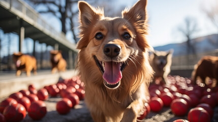 Un chien joue joyeusement avec une balle rouge dans un parc ensoleillé, attirant les sourires des passants et égayant leur journée. - obrazy, fototapety, plakaty