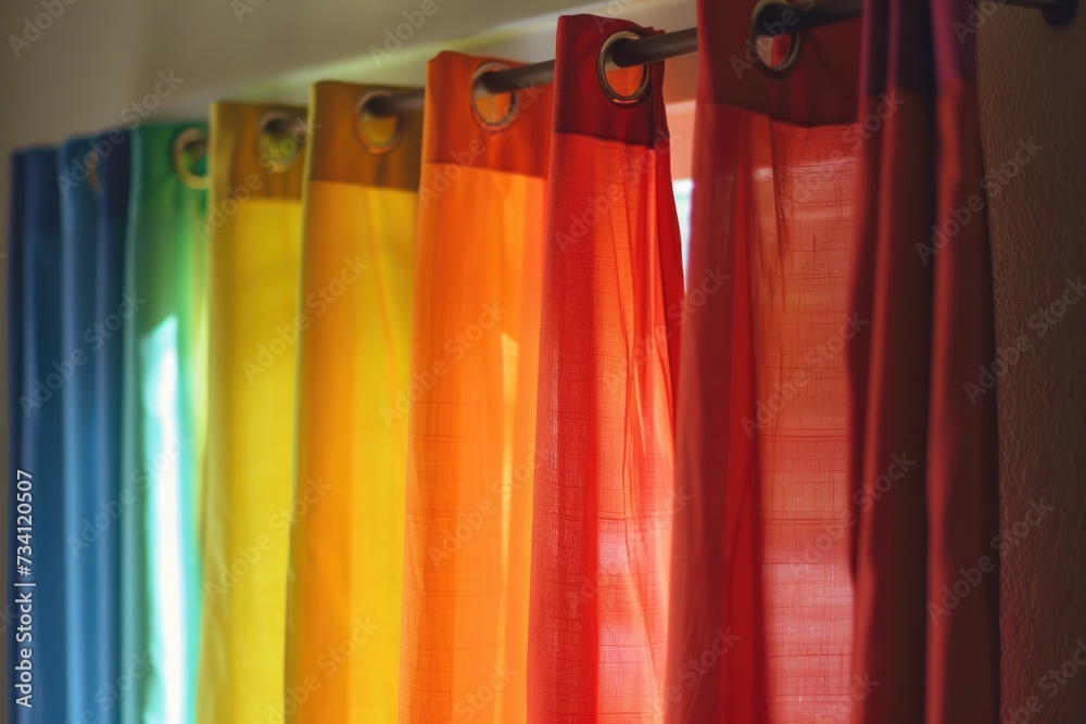 Poster Colorful curtains hanging from a window, perfect for adding a pop of color to any room. Ideal for interior design, home decor, and window treatment concepts