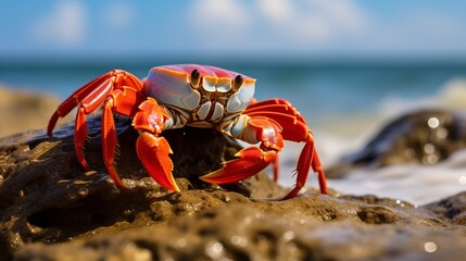 A hermit crab is looking for food on the rocks when the sea water recedes. This animal whose natural habitat is on the coast has the scientific name Coenobita rugosus