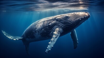 A curious Humpback whale calf in the emerald blue water of Tonga - obrazy, fototapety, plakaty