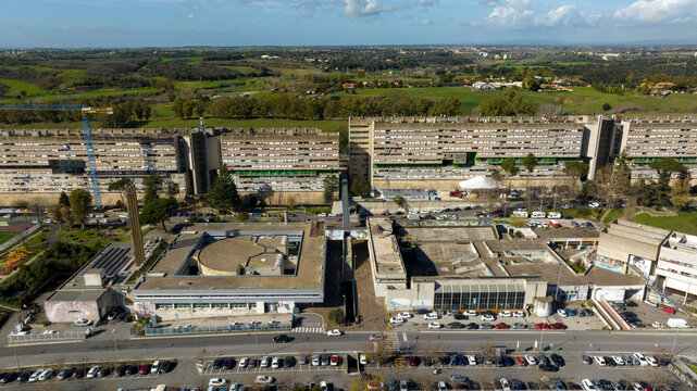 Aerial view of Nuovo Corviale known as "il Serpentone" (the great snake) due to its length. It is a residential complex in Rome, Italy, located in the south-western outskirts of the capital.
