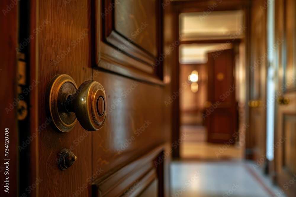Poster a close-up view of a door handle on a wooden door. this image can be used to represent security, hom