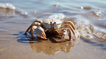 A hermit crab is looking for food on the rocks when the sea water recedes. This animal whose natural habitat is on the coast has the scientific name Coenobita rugosus
