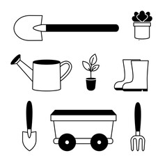 Set of gardening tools and plants line icons. Watering can, boots, shovel. Vector illustration