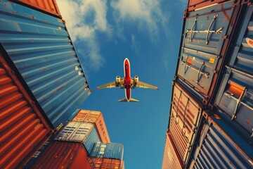 An airplane is seen flying over a group of shipping containers. This image can be used to represent transportation, logistics, or global trade