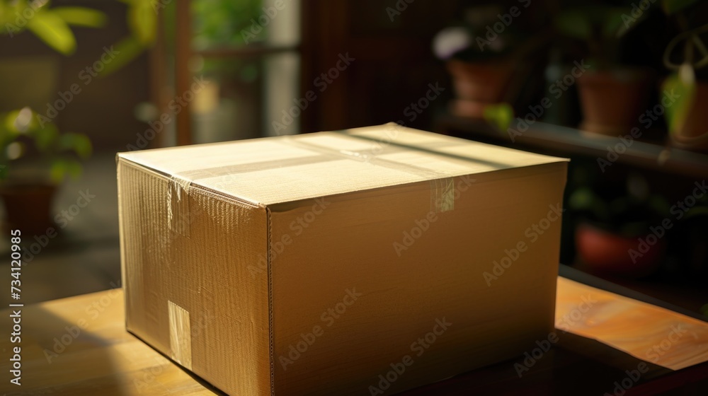 Poster A box sitting on top of a wooden table. Perfect for showcasing products or as a background for various concepts