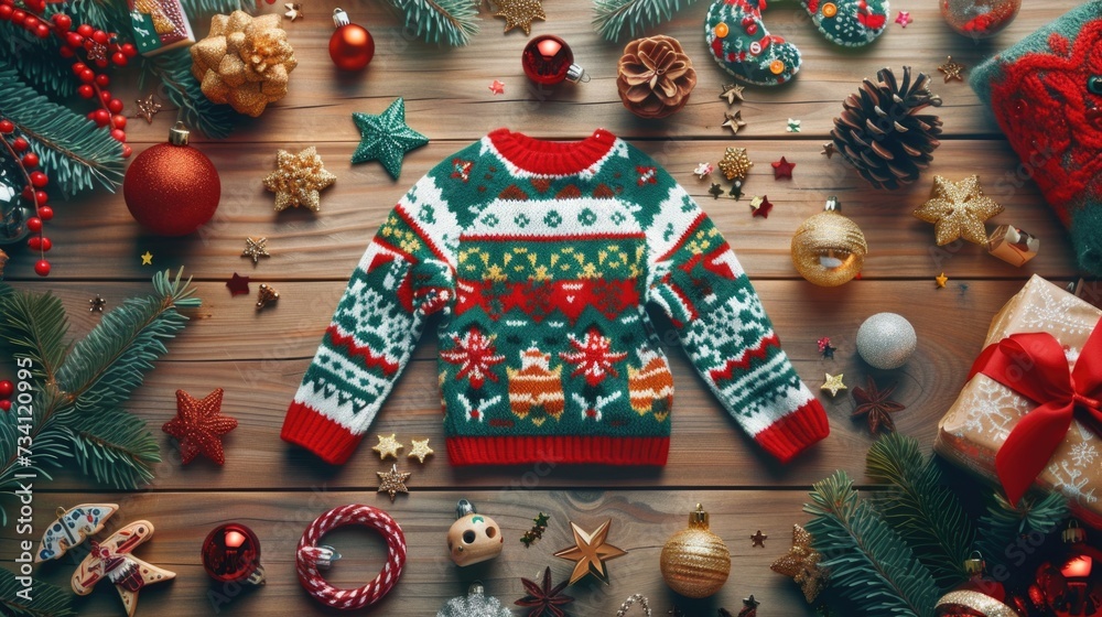 Poster a cozy christmas sweater adorned with various festive decorations. perfect for adding a touch of hol
