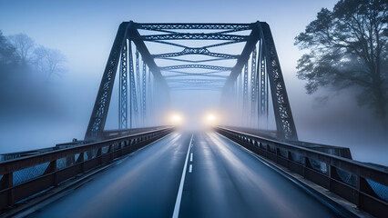 An eerie image of a car passing over a foggy bridge with only its headlights on. Generative AI.