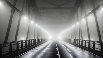 An eerie image of a car passing over a foggy bridge with only its headlights on. Generative AI.