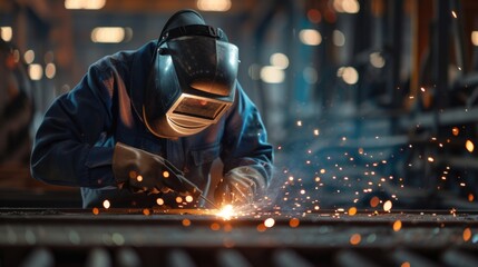 A man wearing a welding mask is seen working on a piece of metal. This image can be used to depict industrial work or the process of metal fabrication