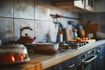 A picture of pots and pans arranged on a stove in a kitchen. This image can be used to showcase cooking utensils and kitchen appliances - obrazy, fototapety, plakaty