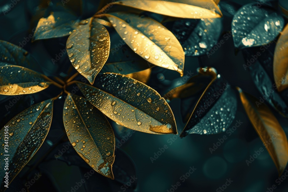 Poster A detailed view of a plant with glistening water droplets. Perfect for adding a refreshing touch to any project