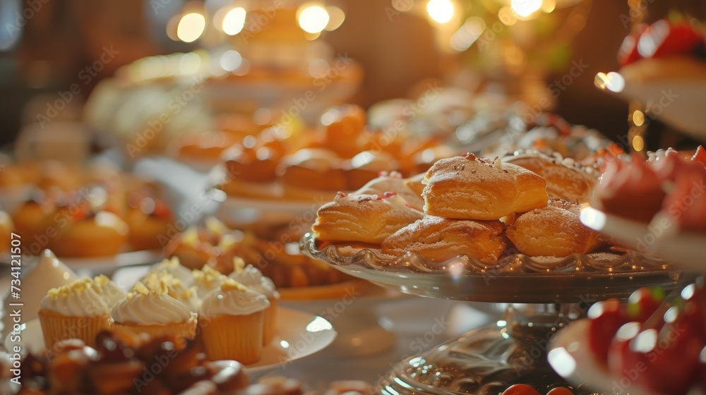 Poster a collection of various pastries arranged on a table. ideal for bakery promotions and food-related d