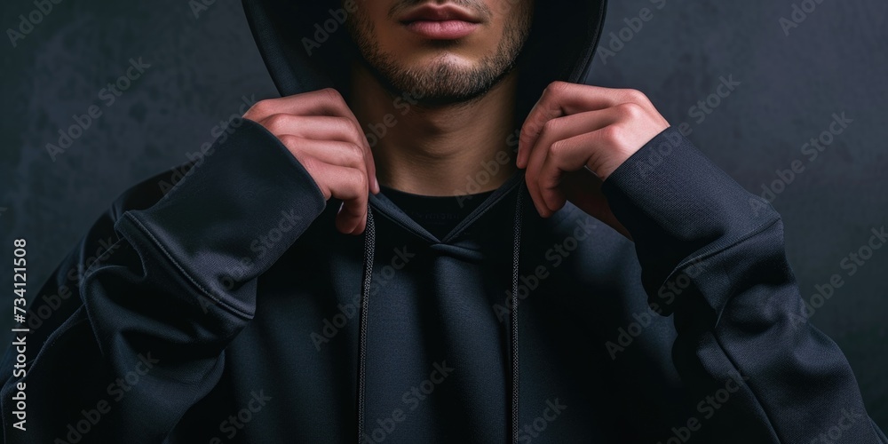 Poster a man wearing a black hoodie is posing for a picture. this image can be used for various purposes
