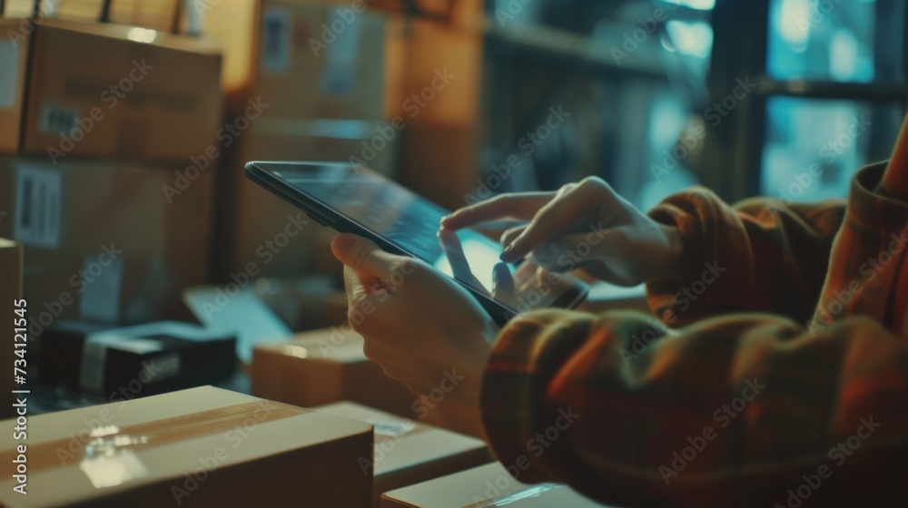 Aufkleber A person is seen using a tablet in a warehouse. This image can be used to depict technology usage in a warehouse setting