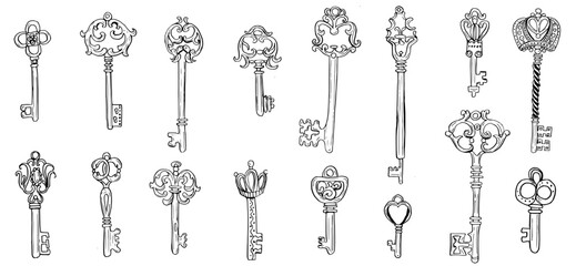 Vintage keys vector. Old antique key set sketch drawing, Hand drawn medieval objects sketch.
