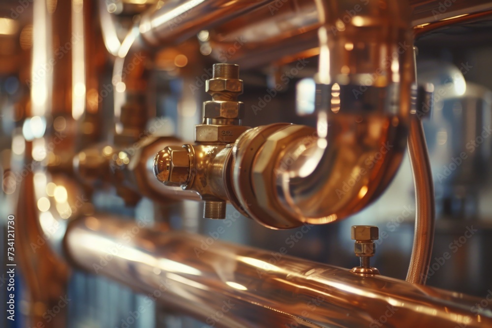 Poster a detailed view of a metal pipe and valves. this image can be used to depict industrial settings or 