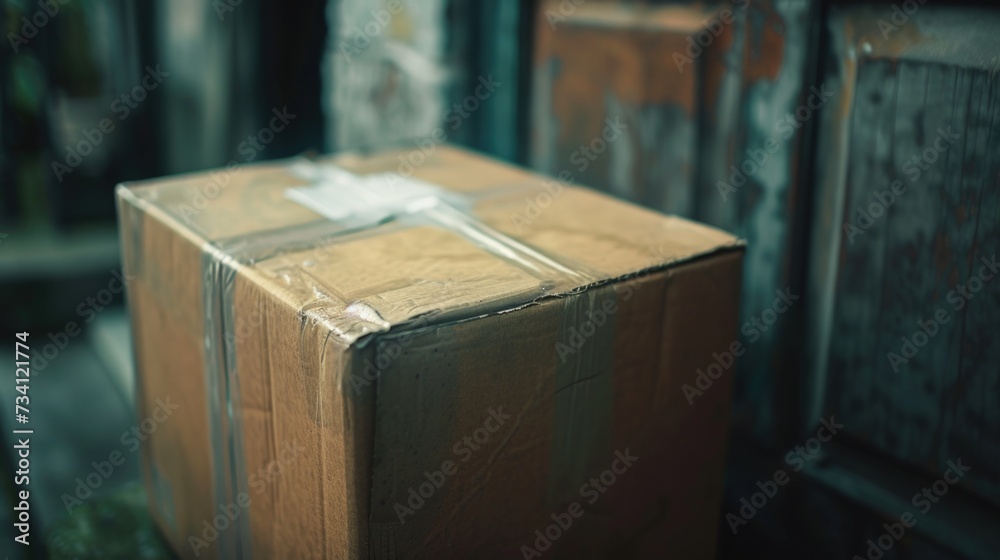 Poster a cardboard box sitting on top of a wooden table. suitable for various uses